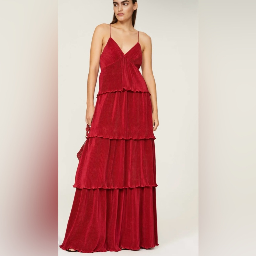 Ieena for Mac Duggal Wine Red Tiered Maxi Dress